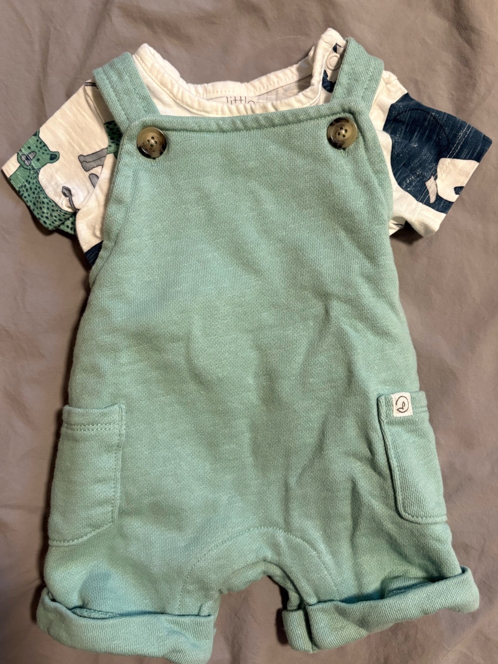 Little Planet 6M Organic Cotton Shortall Set in Green Overalls with Zoo Animals